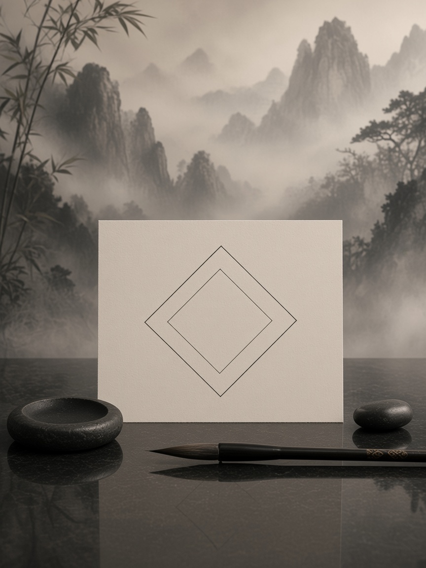 石案上的菱形問事紙卡與毛筆，背景是水墨遠山