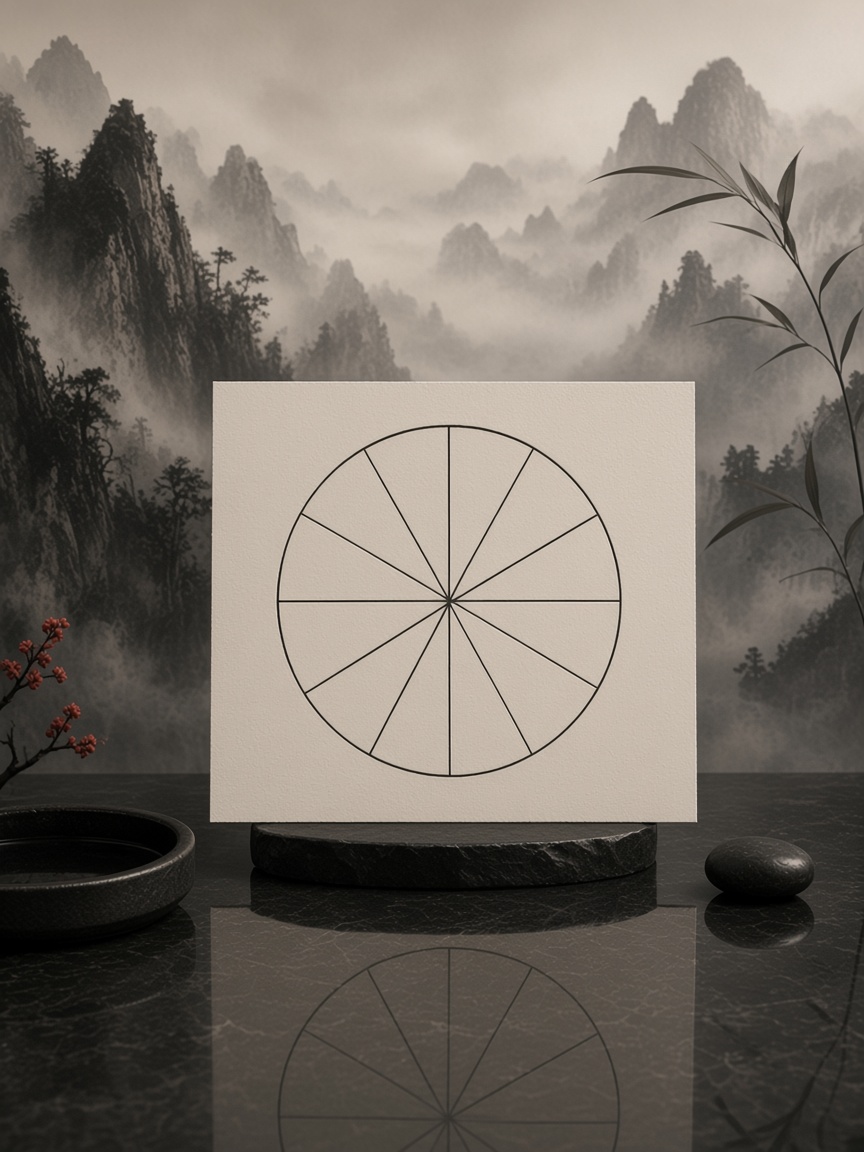石座上的十二分年輪紙卡，背景是水墨遠山